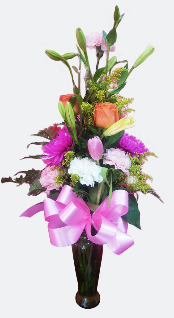 Mix flowers in thin vase Iris florist