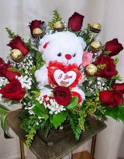 Romantic bouquet. Chocolate. Teddy Bear. Red Rose