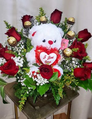 Romantic bouquet. Chocolate. Teddy Bear. Red Rose